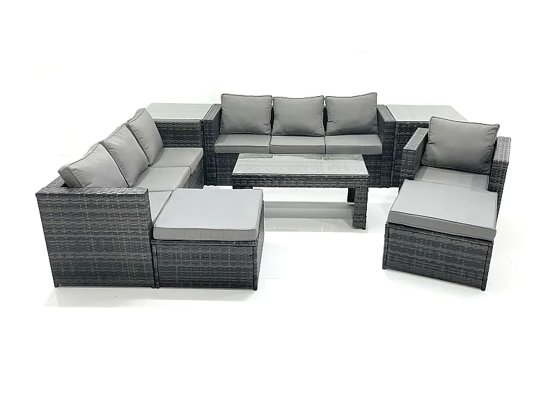 9 places Ensemble de meubles de jardin en rotin avec Canapé 3 places Table basse 2 Grand tabourets 2 Tables d'appoint