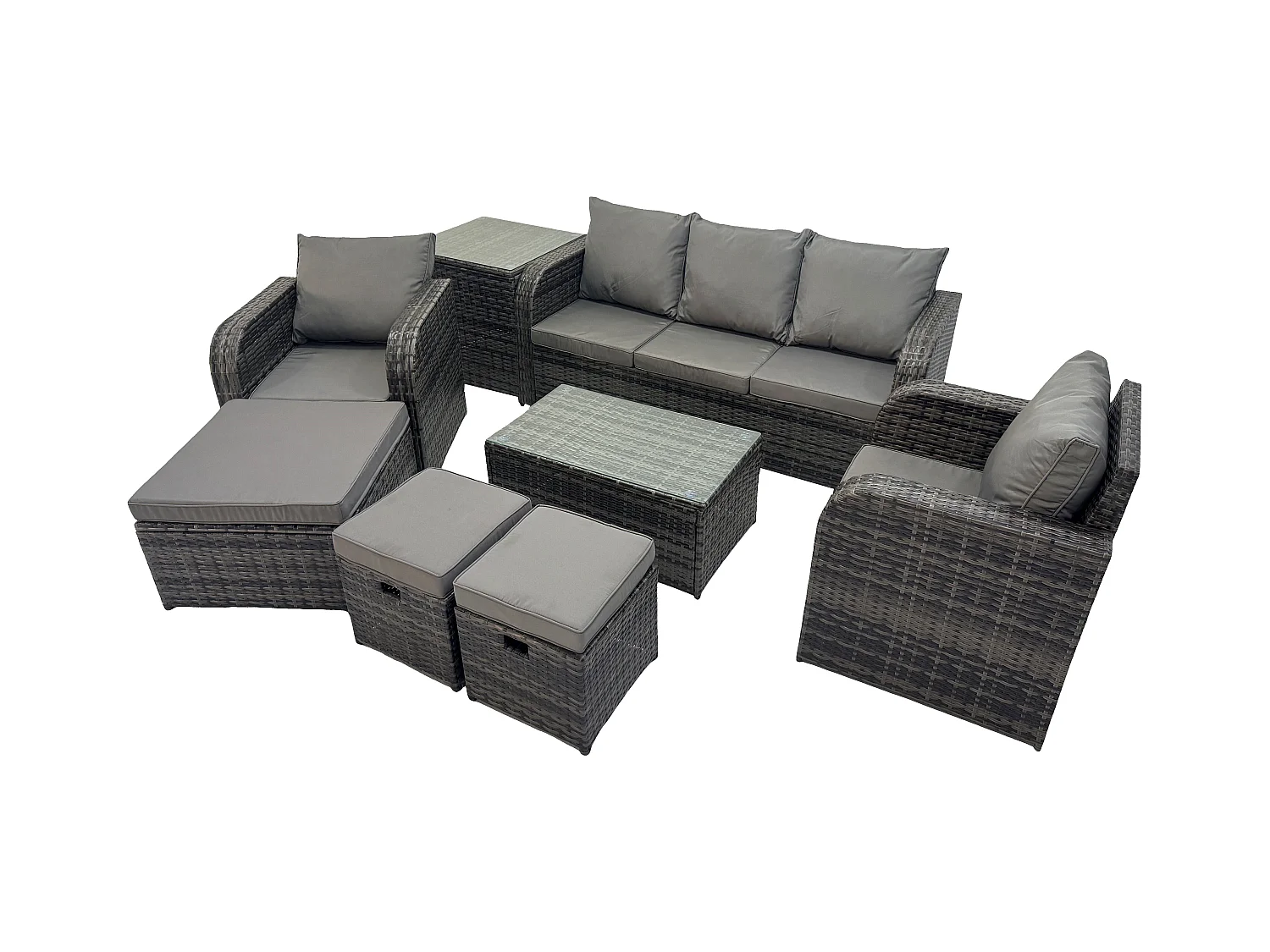 8 places Salon de jardin avec Table basse rectangulaire 3 Tabourets Canapé 3 places Table d'appoint Gris foncé mixte