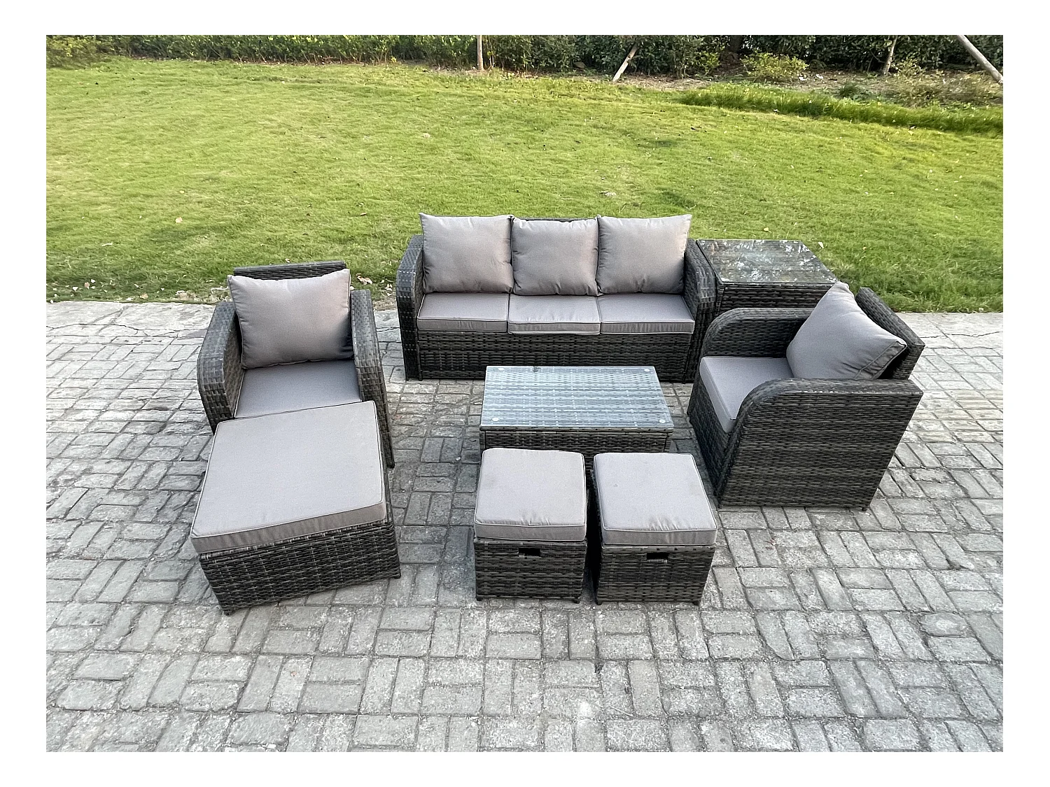 8 places Salon de jardin avec Table basse rectangulaire 3 Tabourets Canapé 3 places Table d'appoint Gris foncé mixte