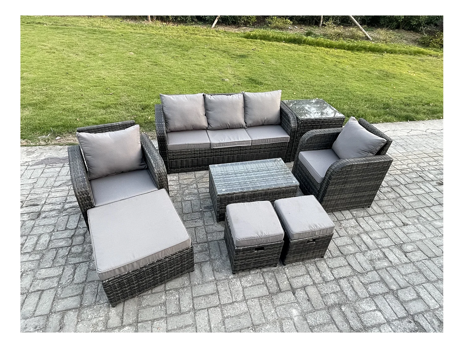 8 places Salon de jardin avec Table basse rectangulaire 3 Tabourets Canapé 3 places Table d'appoint Gris foncé mixte