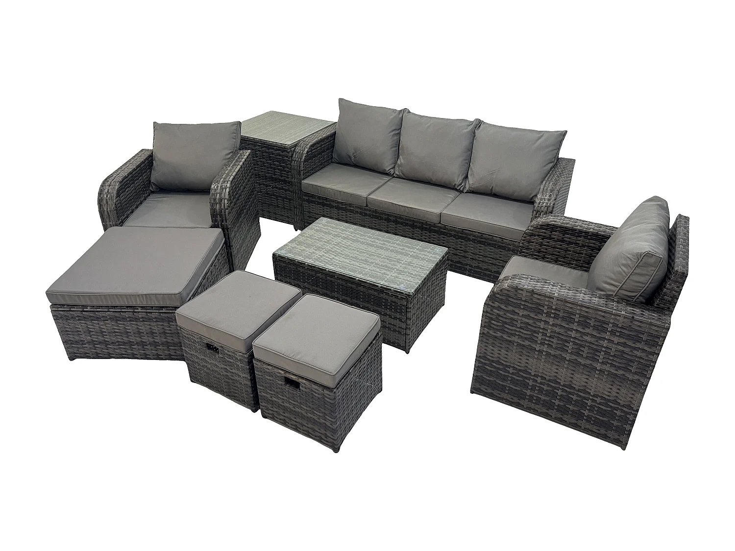 8 places Salon de jardin avec Table basse rectangulaire 3 Tabourets Canapé 3 places Table d'appoint Gris foncé mixte