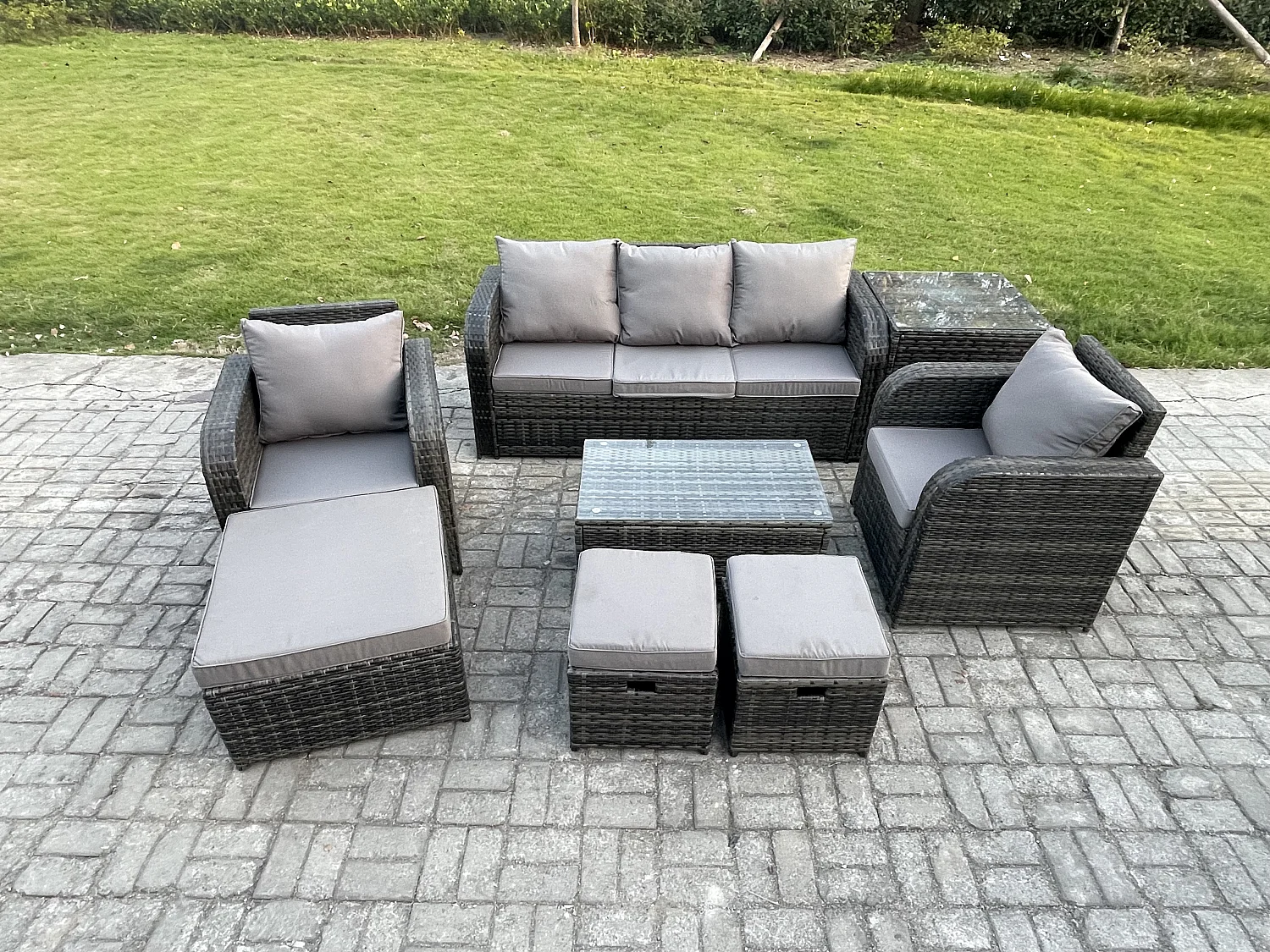 8 places Salon de jardin avec Table basse rectangulaire 3 Tabourets Canapé 3 places Table d'appoint Gris foncé mixte