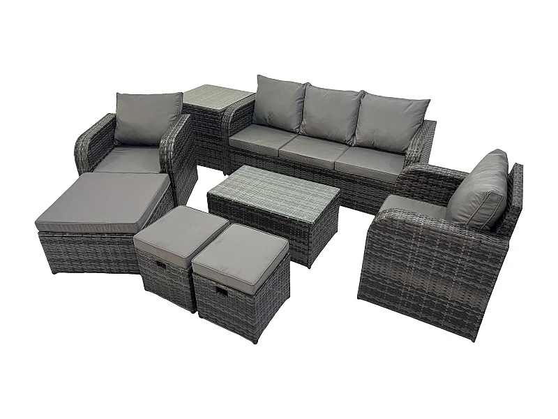 8 places Salon de jardin avec Table basse rectangulaire 3 Tabourets Canapé 3 places Table d'appoint Gris foncé mixte