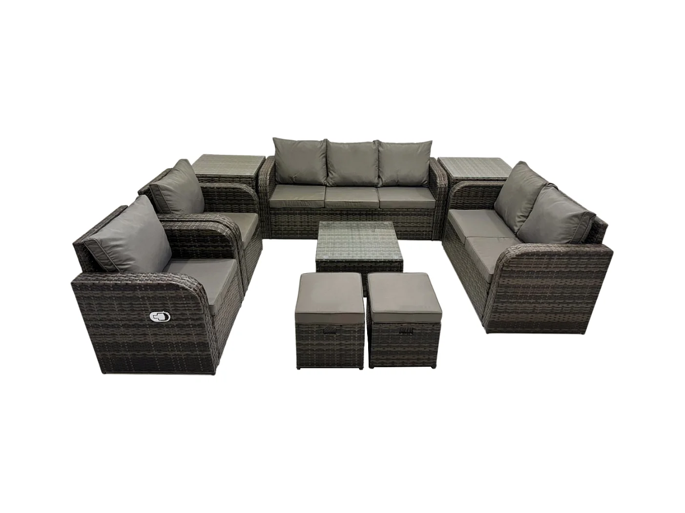 9 places Ensemble de meubles de jardin Rattan Outdoor Canapé Lounge Fauteuil avec Table basse carrée 2 Petits tabourets 2 Tables d'appoint Gris foncé mixte