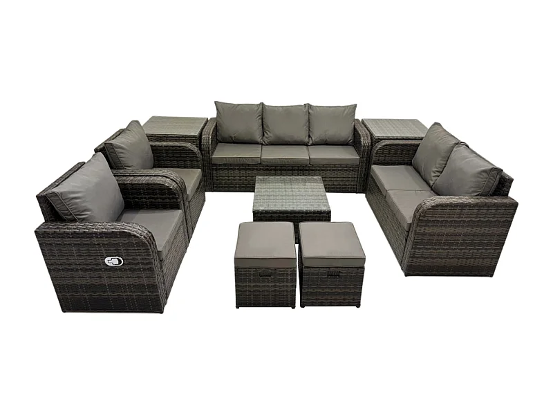9-Sitzer Gartenmöbelset Rattan Garten Sofa im Freien Sessel mit Gehärteter Glastisch 2 kleine Fußhockern 2 Beistelltischen Dunkelgrau Gemischt