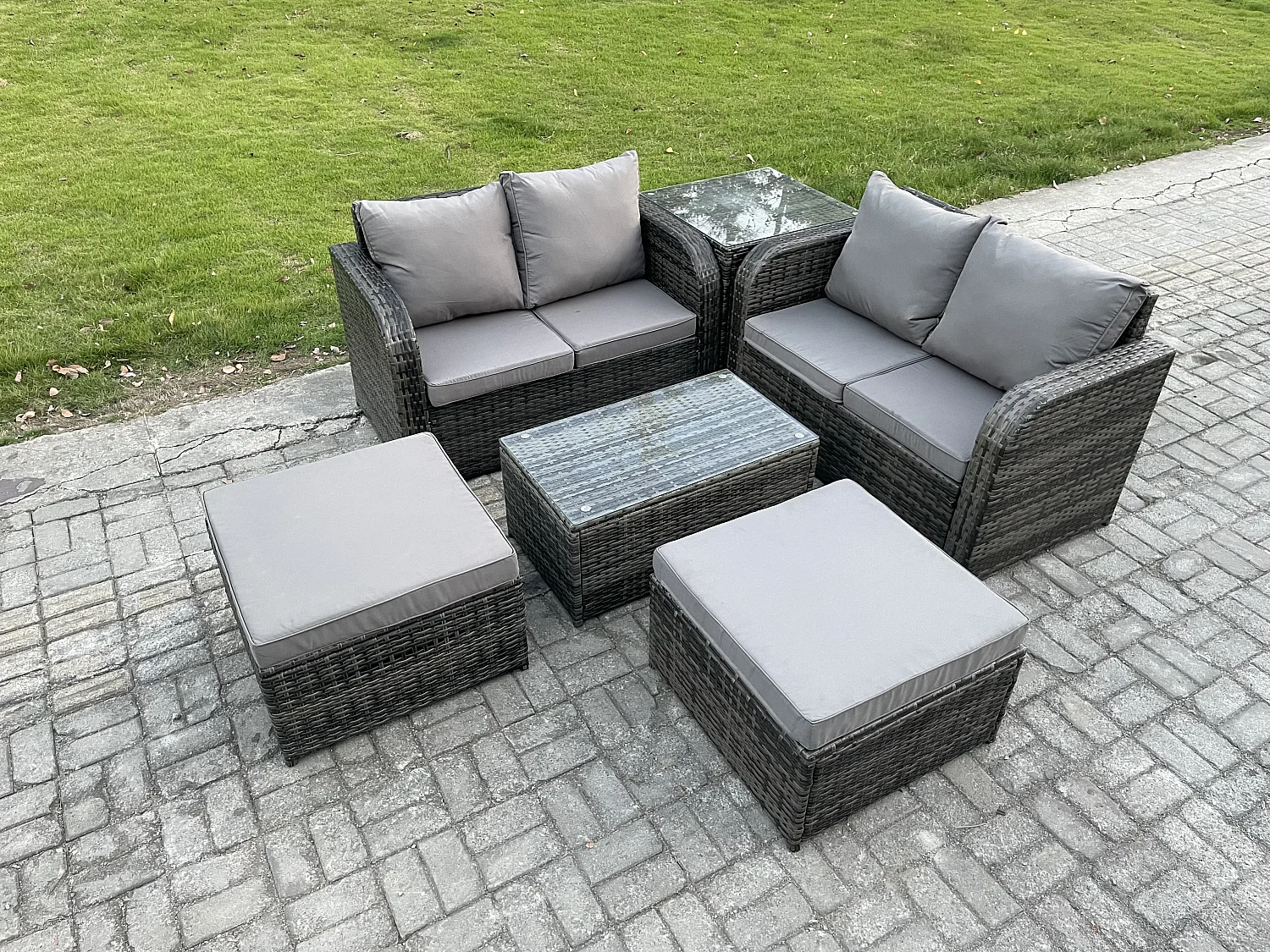 6-Sitzer Gartenmöbelset Rattan Garten Sofa im Freien Sessel mit Gehärteter Glastisch 2 hohen Hockern Beistelltisch Dunkelgrau Gemischt