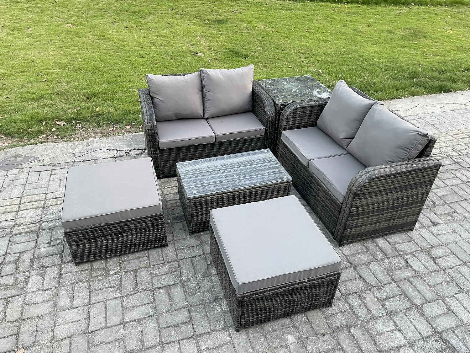 6-Sitzer Gartenmöbelset Rattan Garten Sofa im Freien Sessel mit Gehärteter Glastisch 2 hohen Hockern Beistelltisch Dunkelgrau Gemischt