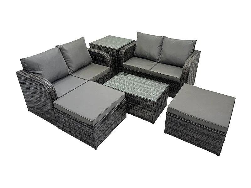 6-Sitzer Gartenmöbelset Rattan Garten Sofa im Freien Sessel mit Gehärteter Glastisch 2 hohen Hockern Beistelltisch Dunkelgrau Gemischt