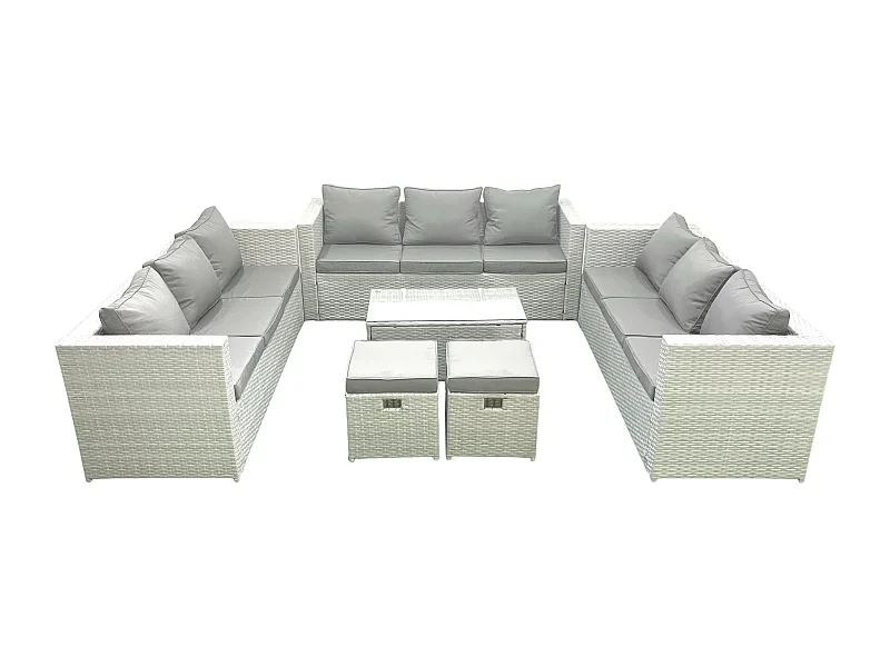 Ensemble de meubles de jardin en rotin 11 places avec Canapé de jardin Table basse 2 Petit pouf Gris clair mixte