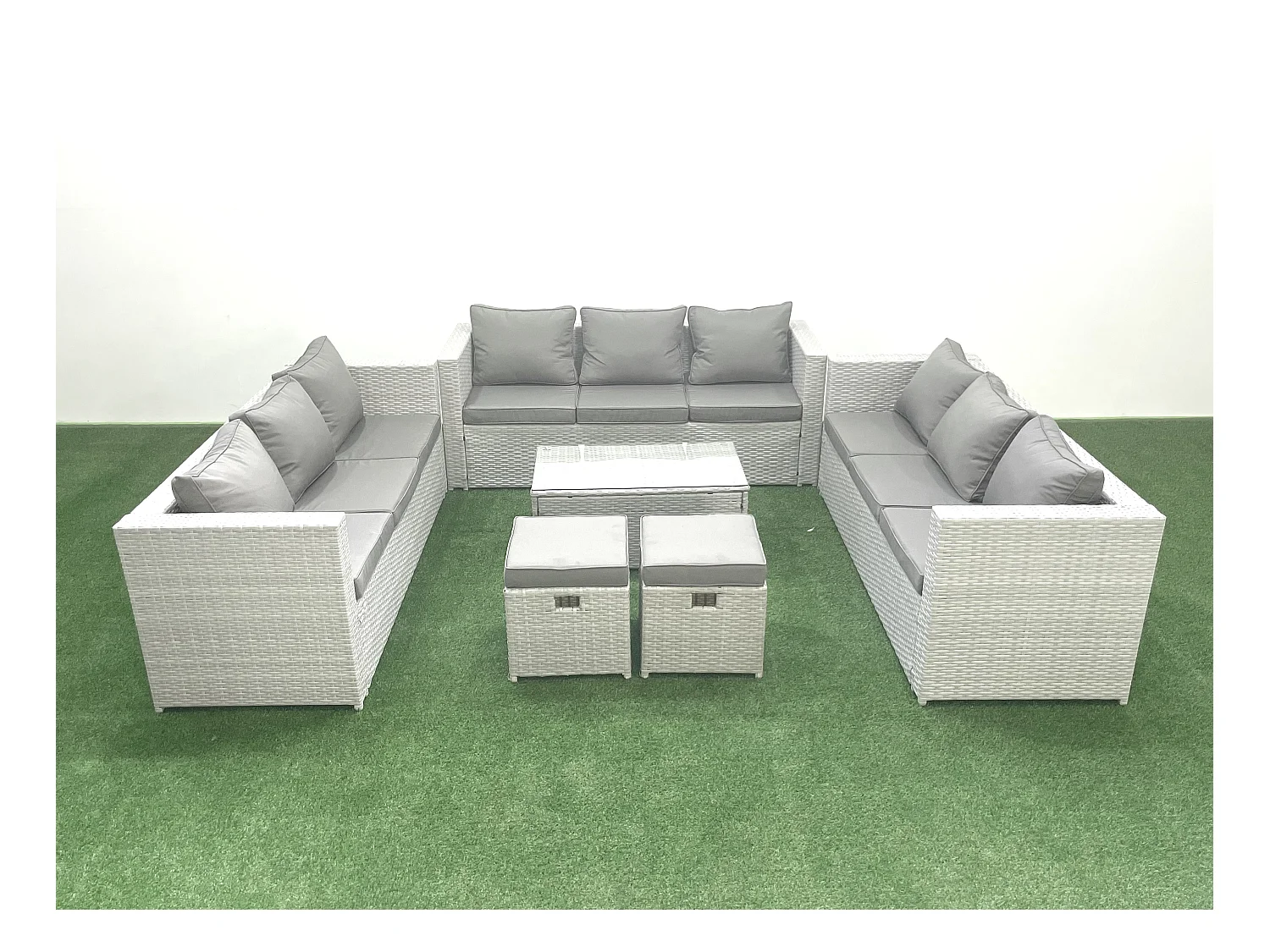 Ensemble de meubles de jardin en rotin 11 places avec Canapé de jardin Table basse 2 Petit pouf Gris clair mixte