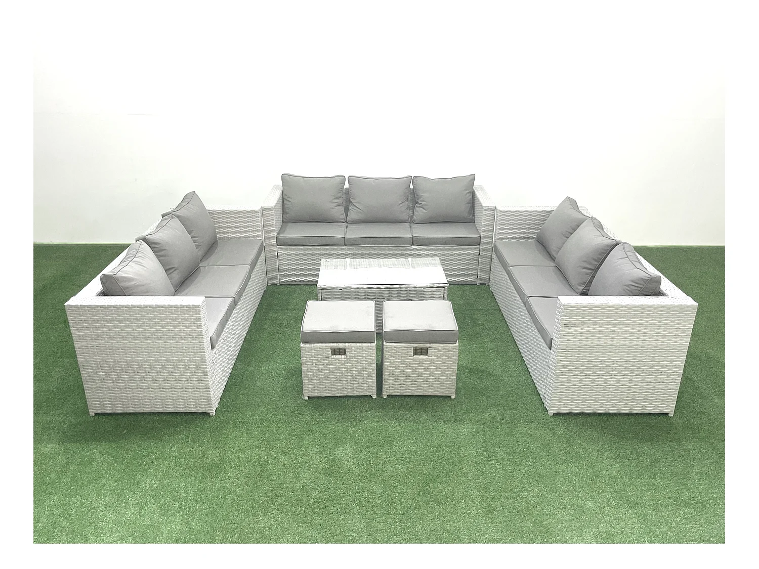 Ensemble de meubles de jardin en rotin 11 places avec Canapé de jardin Table basse 2 Petit pouf Gris clair mixte