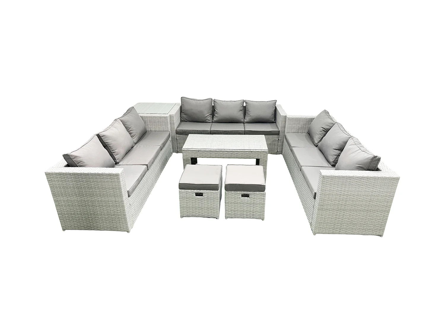 Ensemble de meubles d'extérieur en rotin 11 places avec Table basse oblongue 2 Petits tabourets Table d'appoint Gris clair mixte