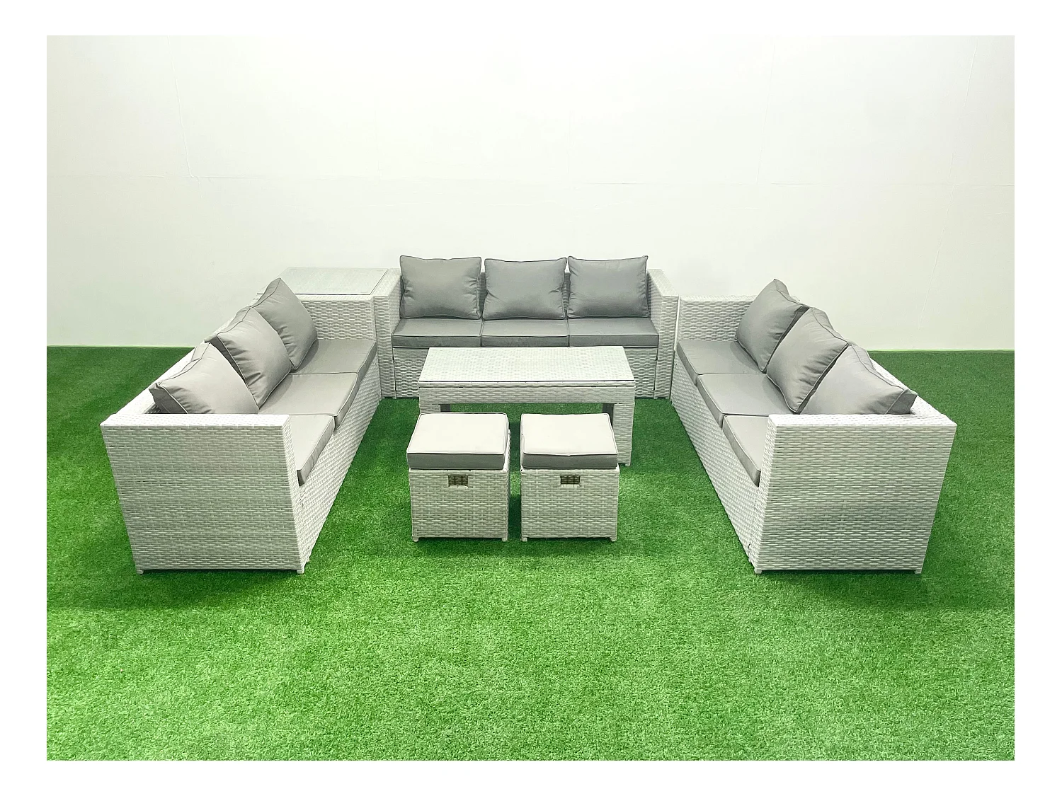 Ensemble de meubles d'extérieur en rotin 11 places avec Table basse oblongue 2 Petits tabourets Table d'appoint Gris clair mixte