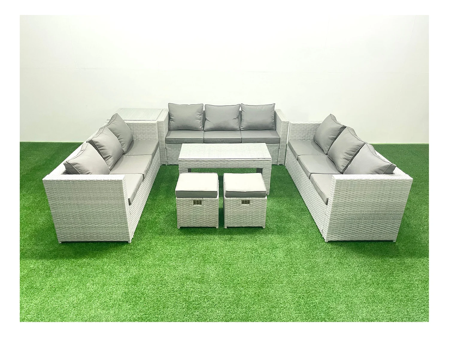 Ensemble de meubles d'extérieur en rotin 11 places avec Table basse oblongue 2 Petits tabourets Table d'appoint Gris clair mixte