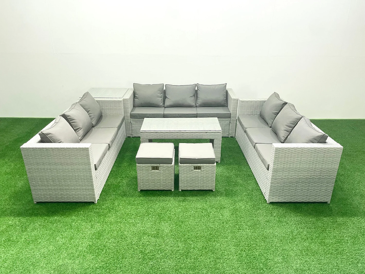 Ensemble de meubles d'extérieur en rotin 11 places avec Table basse oblongue 2 Petits tabourets Table d'appoint Gris clair mixte