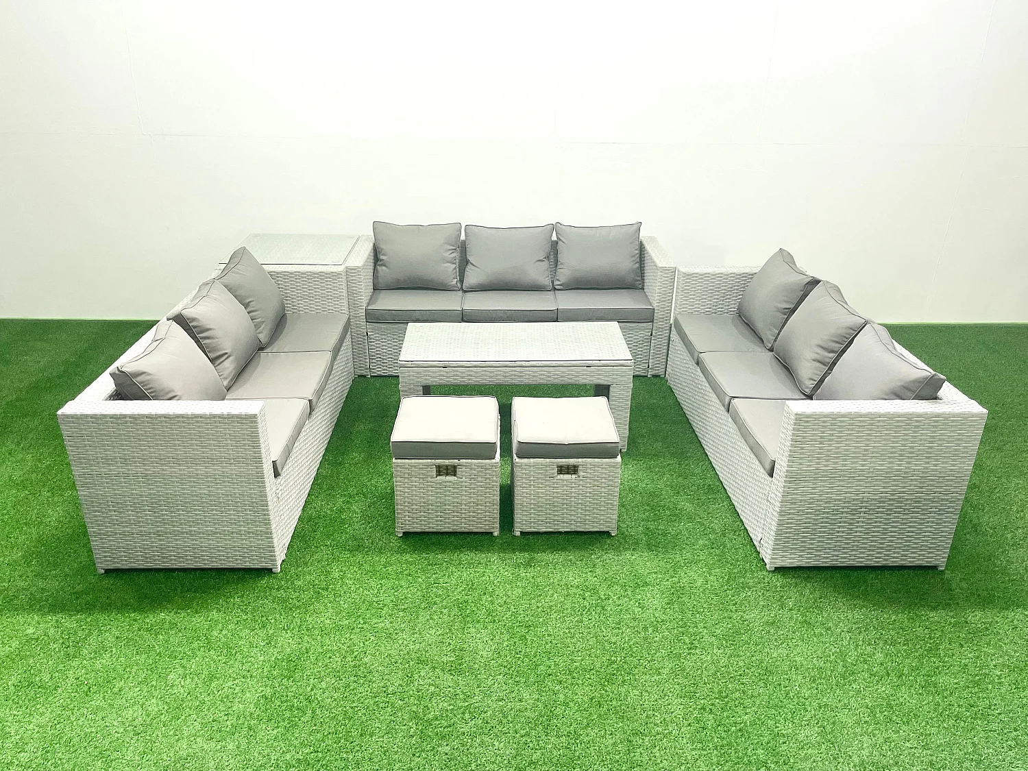 Ensemble de meubles d'extérieur en rotin 11 places avec Table basse oblongue 2 Petits tabourets Table d'appoint Gris clair mixte