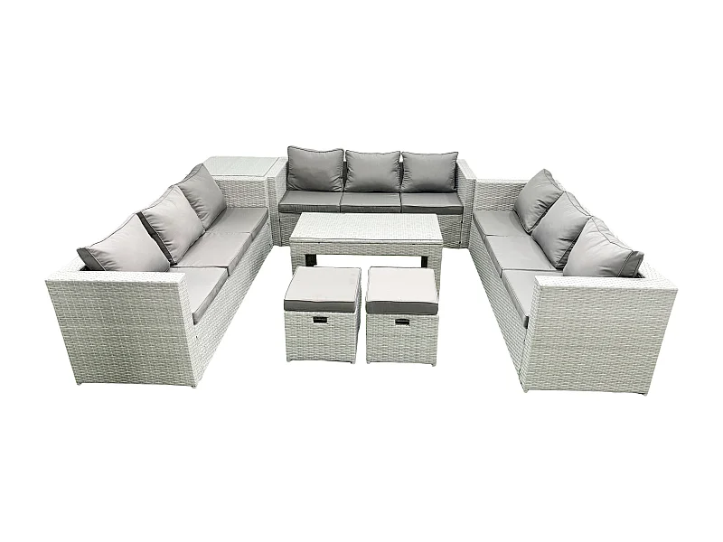 Ensemble de meubles d'extérieur en rotin 11 places avec Table basse oblongue 2 Petits tabourets Table d'appoint Gris clair mixte