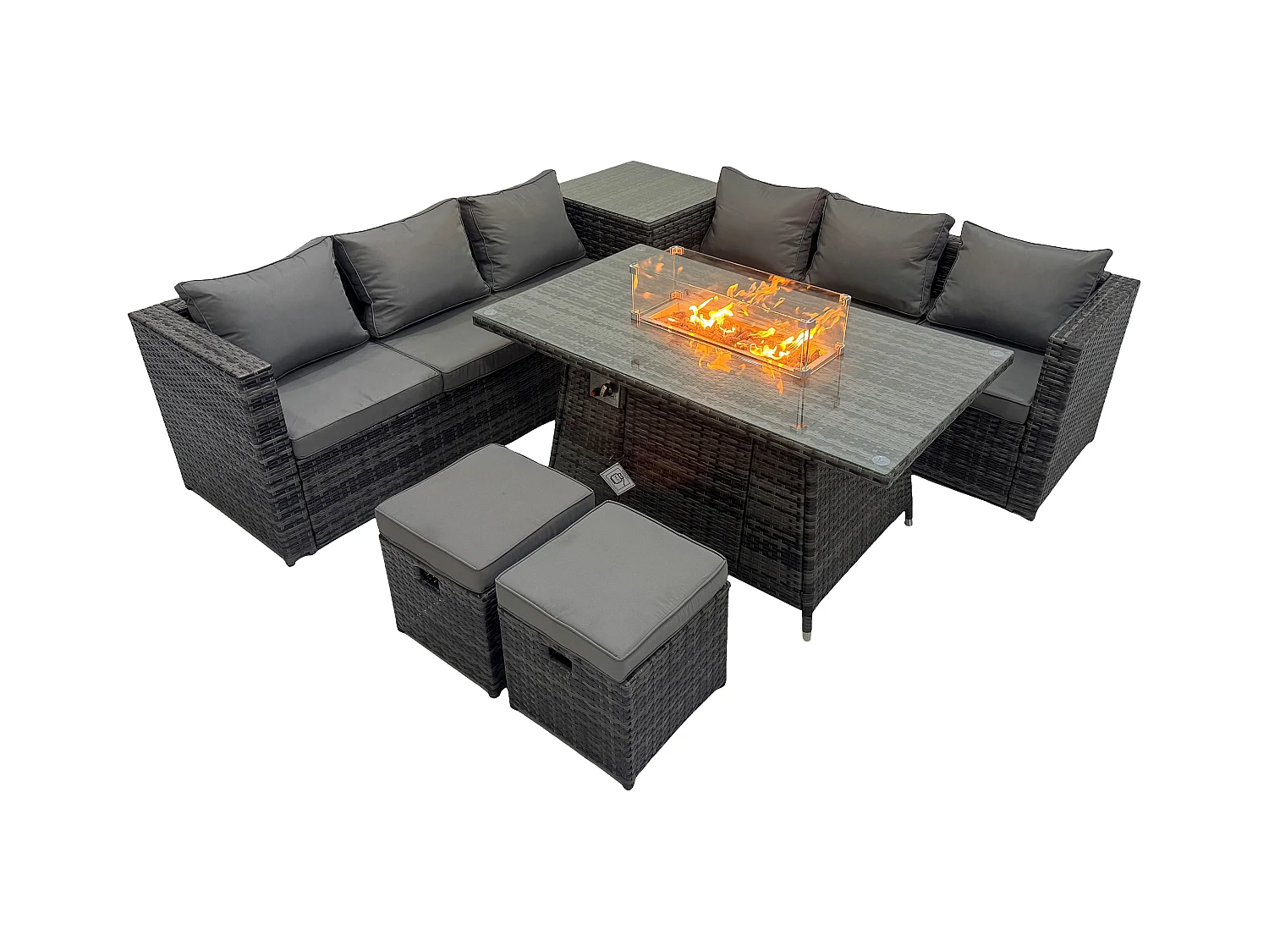 Rattan Gartenmöbel Set Gasfeuerstelle Esstisch Sets Lounge kleinen Hockern Dark Grau 8-Sitzer