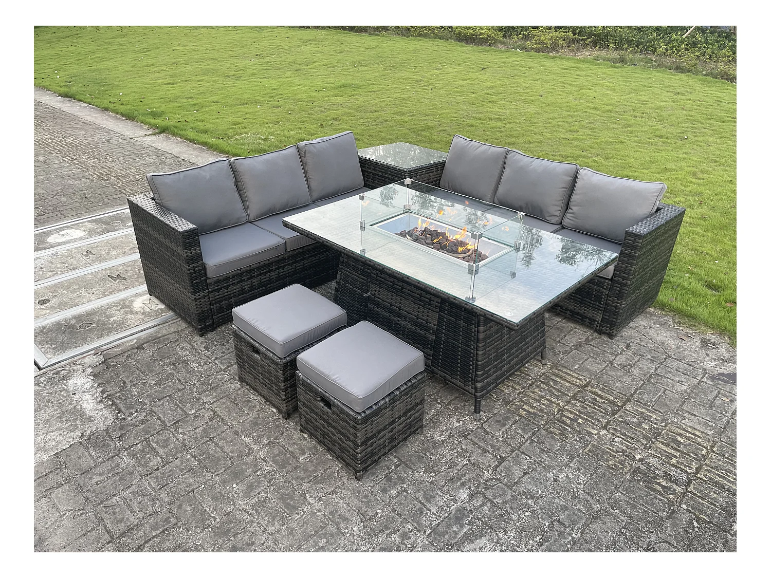 Rattan Gartenmöbel Set Gasfeuerstelle Esstisch Sets Lounge kleinen Hockern Dark Grau 8-Sitzer