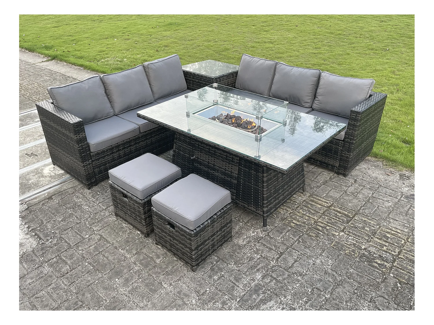 Rattan Gartenmöbel Set Gasfeuerstelle Esstisch Sets Lounge kleinen Hockern Dark Grau 8-Sitzer