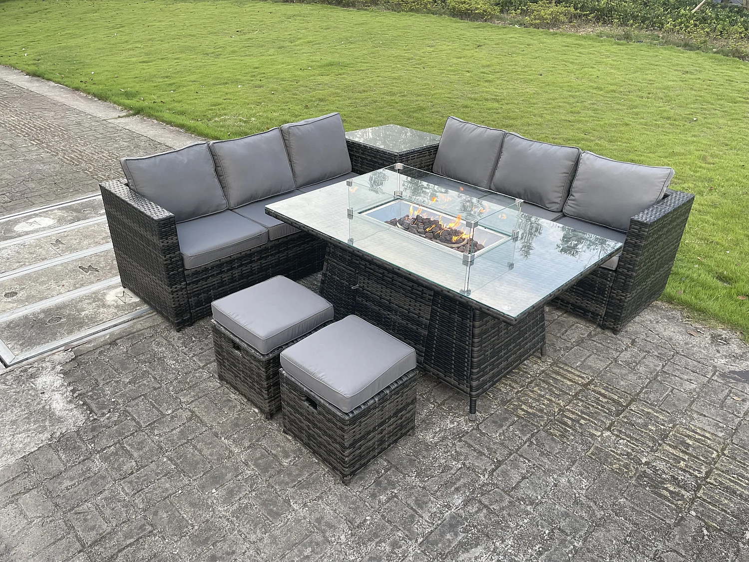 Ensemble de meubles de jardin en rotin ave Table de foyer à gaz avec 2 Petits tabourets Gris foncé mixte 8 places