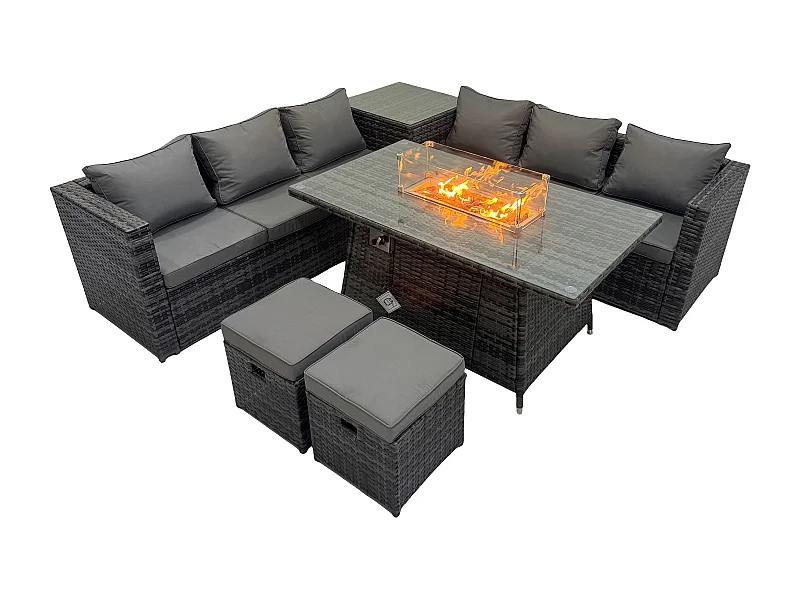 Ensemble de meubles de jardin en rotin ave Table de foyer à gaz avec 2 Petits tabourets Gris foncé mixte 8 places