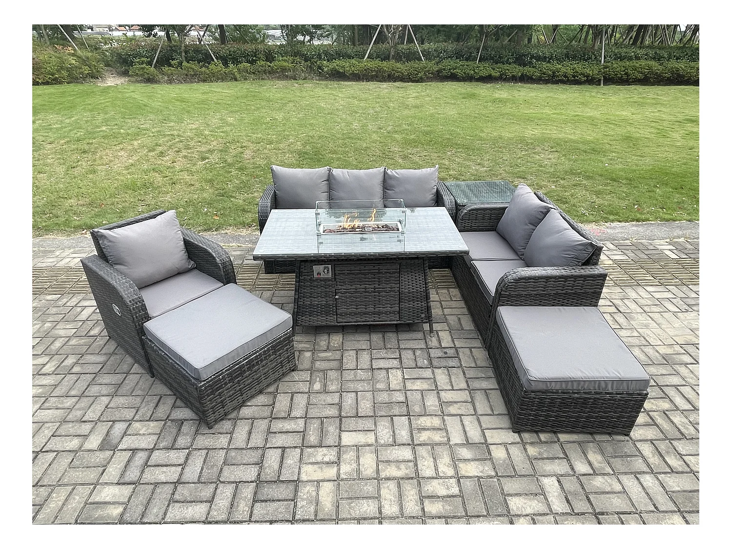 Ensemble Salon de Jardin Extérieur en polyrotin Table de foyer à gaz et Canapé Fauteuil avec Tables d'appoint 2 Grand tabourets