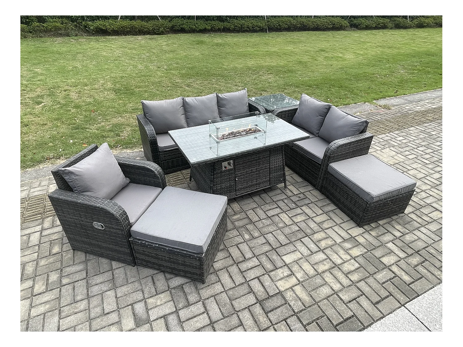 Ensemble Salon de Jardin Extérieur en polyrotin Table de foyer à gaz et Canapé Fauteuil avec Tables d'appoint 2 Grand tabourets