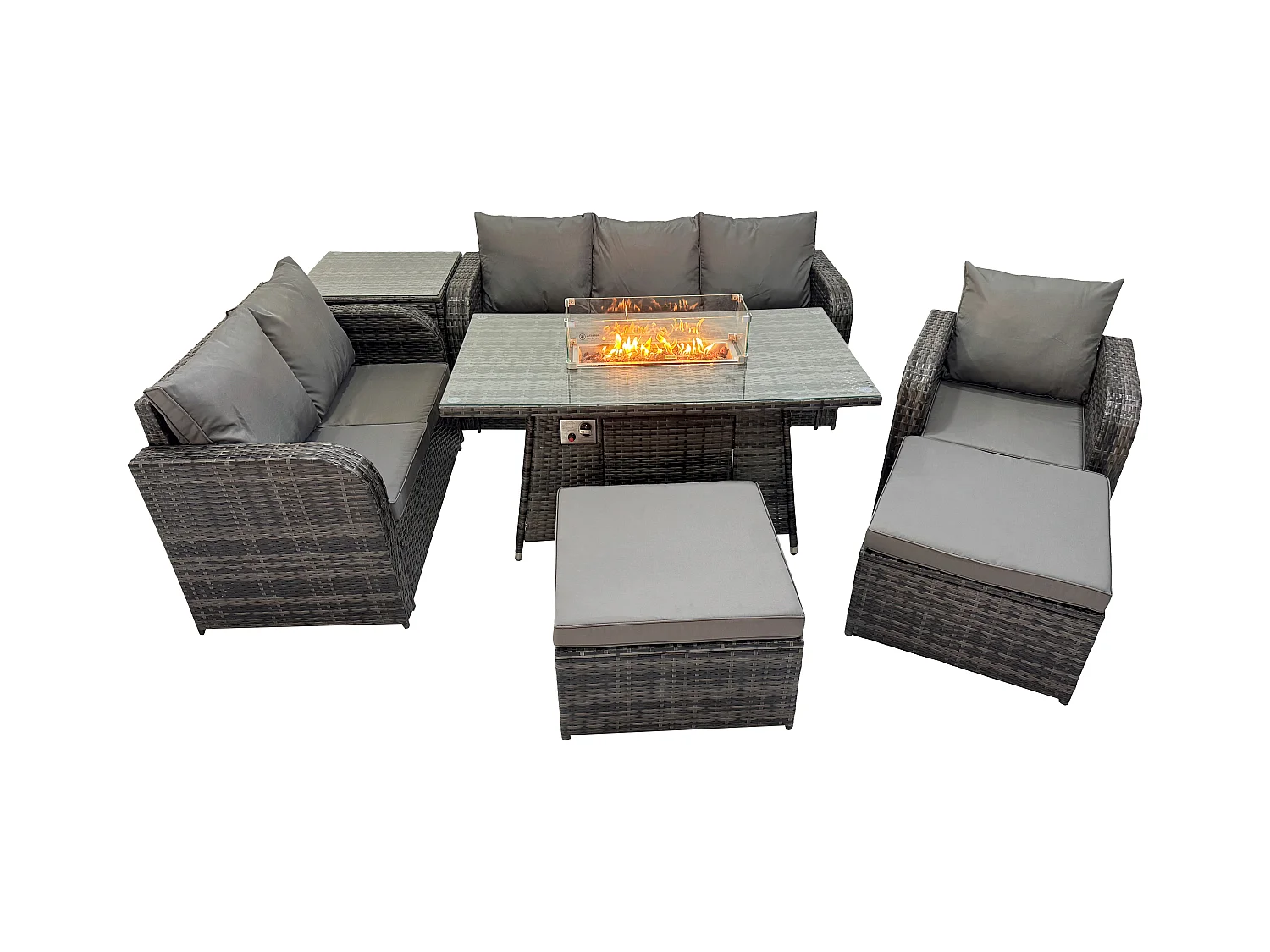 Polyrattan Gartenmöbel Set Garten Sofa im Freien Gasfeuerstelle Esstisch und Sofa Sessel set mit Beistelltischen 2 hohen Hockern