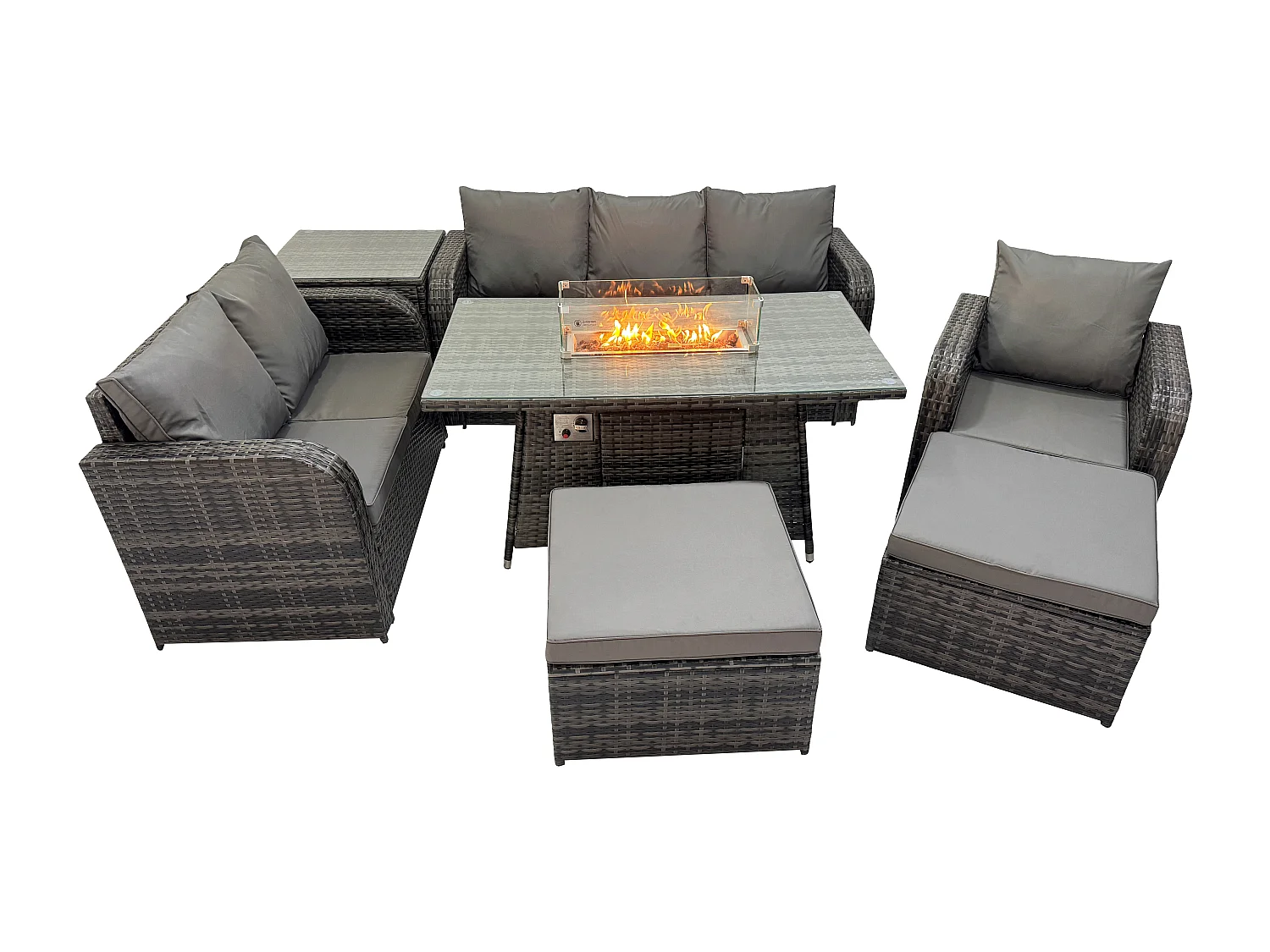 Ensemble Salon de Jardin Extérieur en polyrotin Table de foyer à gaz et Canapé Fauteuil avec Tables d'appoint 2 Grand tabourets