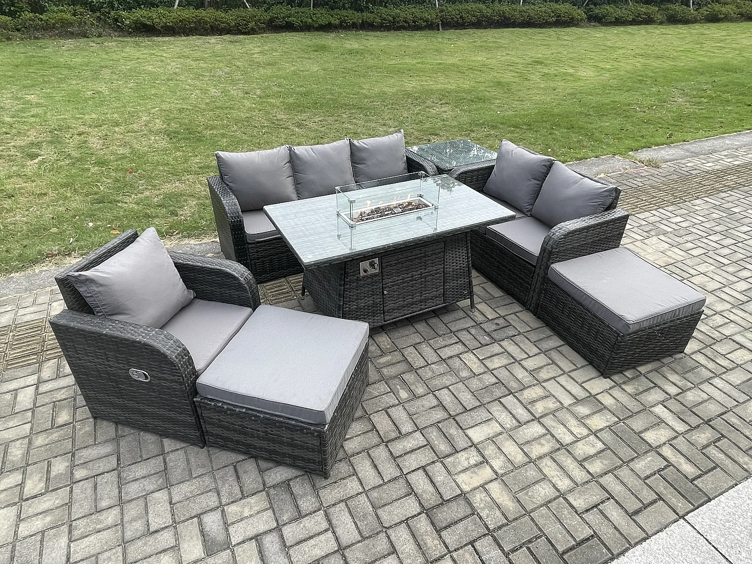 Ensemble Salon de Jardin Extérieur en polyrotin Table de foyer à gaz et Canapé Fauteuil avec Tables d'appoint 2 Grand tabourets