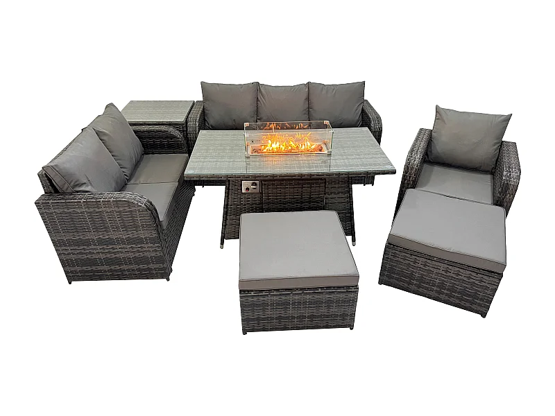 Ensemble Salon de Jardin Extérieur en polyrotin Table de foyer à gaz et Canapé Fauteuil avec Tables d'appoint 2 Grand tabourets