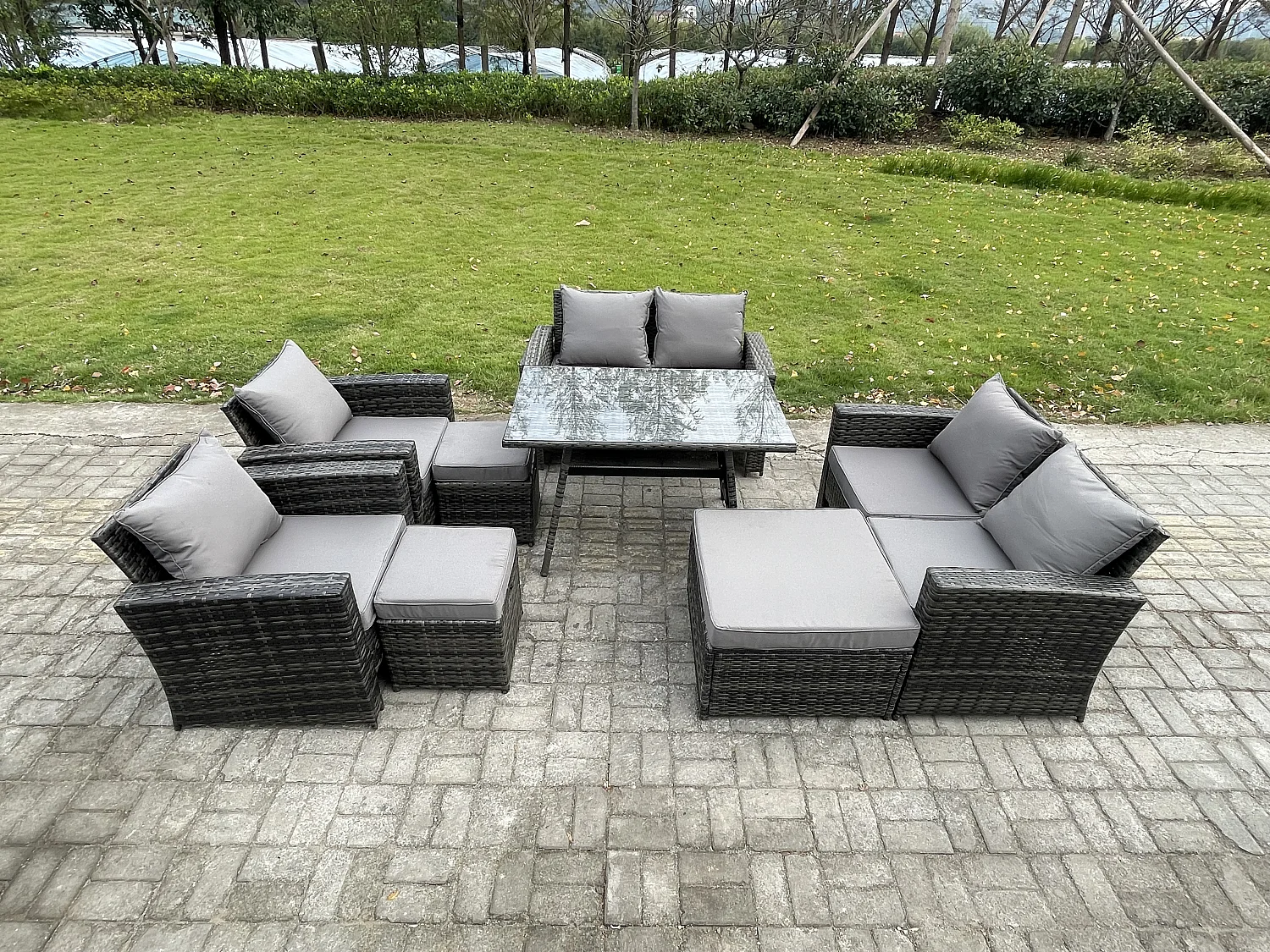 Gartenmöbelset 8 Stücke Polyrattan Garten Sofa im Freien mit 3 Hockern Dunkelgrau Gemischt
