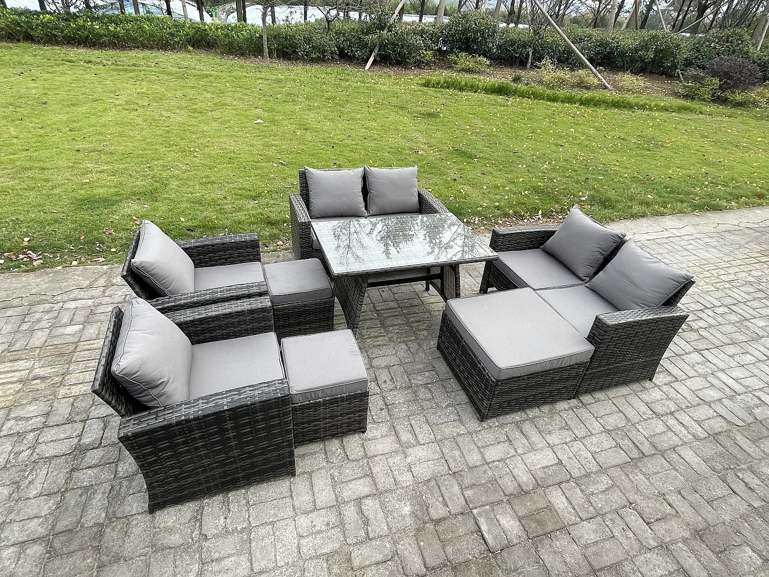 Gartenmöbelset 8 Stücke Polyrattan Garten Sofa im Freien mit 3 Hockern Dunkelgrau Gemischt