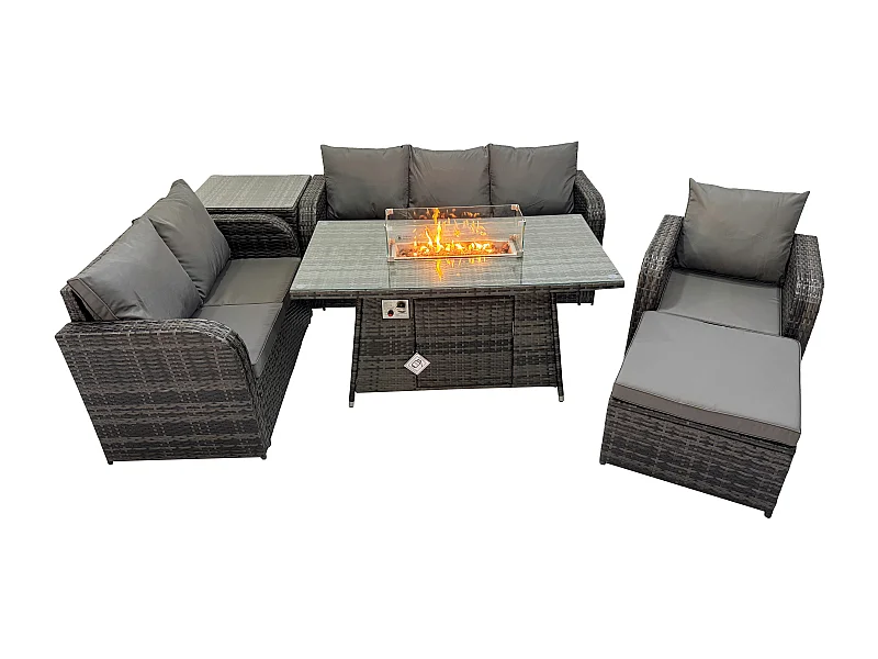 Polyrattan Gartenmöbel Set Garten Sofa im Freien Gasfeuerstelle Esstisch und Sofa Sessel set mit Beistelltisch 2 Großer Hockern
