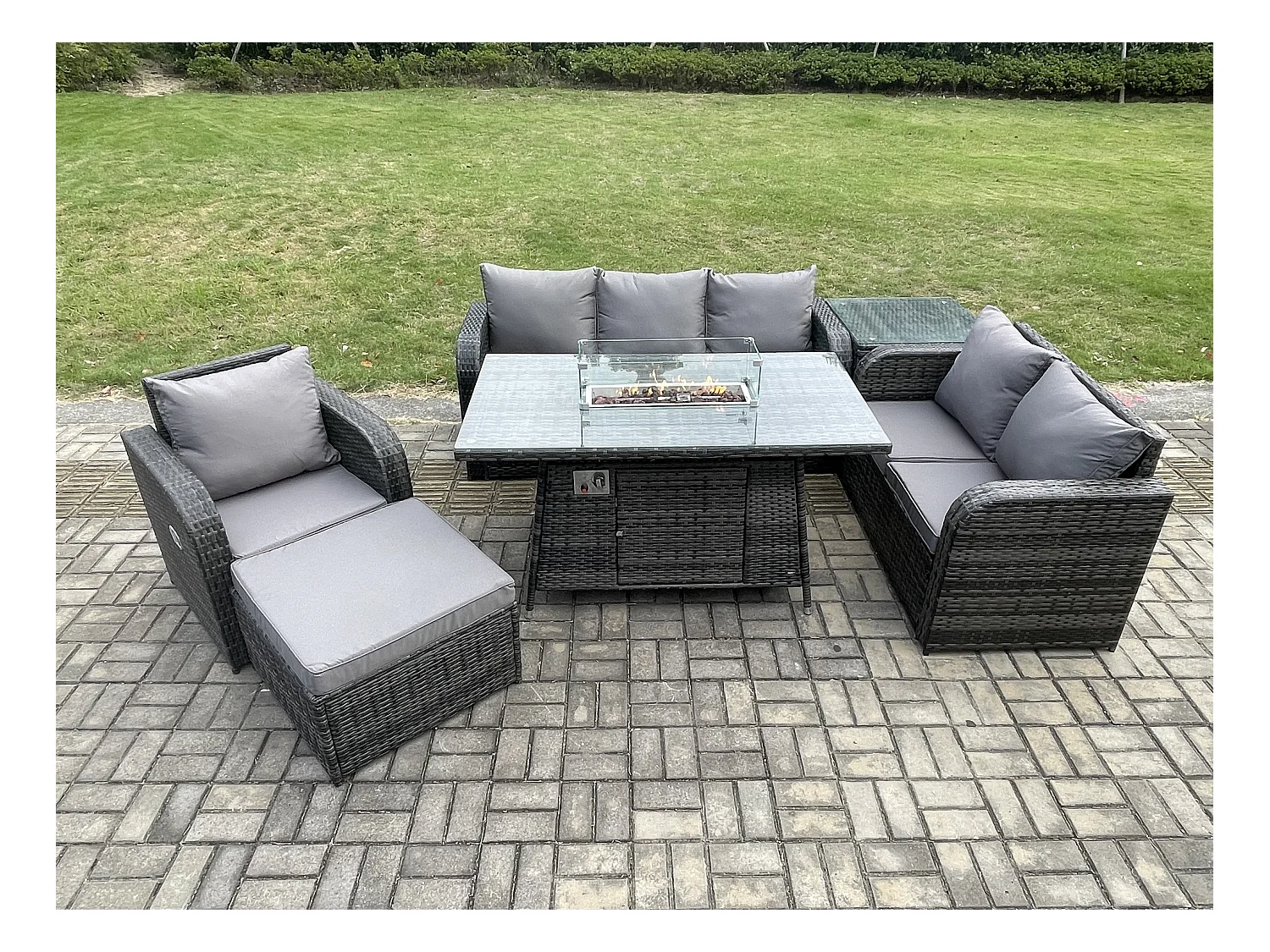 Polyrattan Gartenmöbel Set Garten Sofa im Freien Gasfeuerstelle Esstisch und Sofa Sessel set mit Beistelltisch 2 Großer Hockern