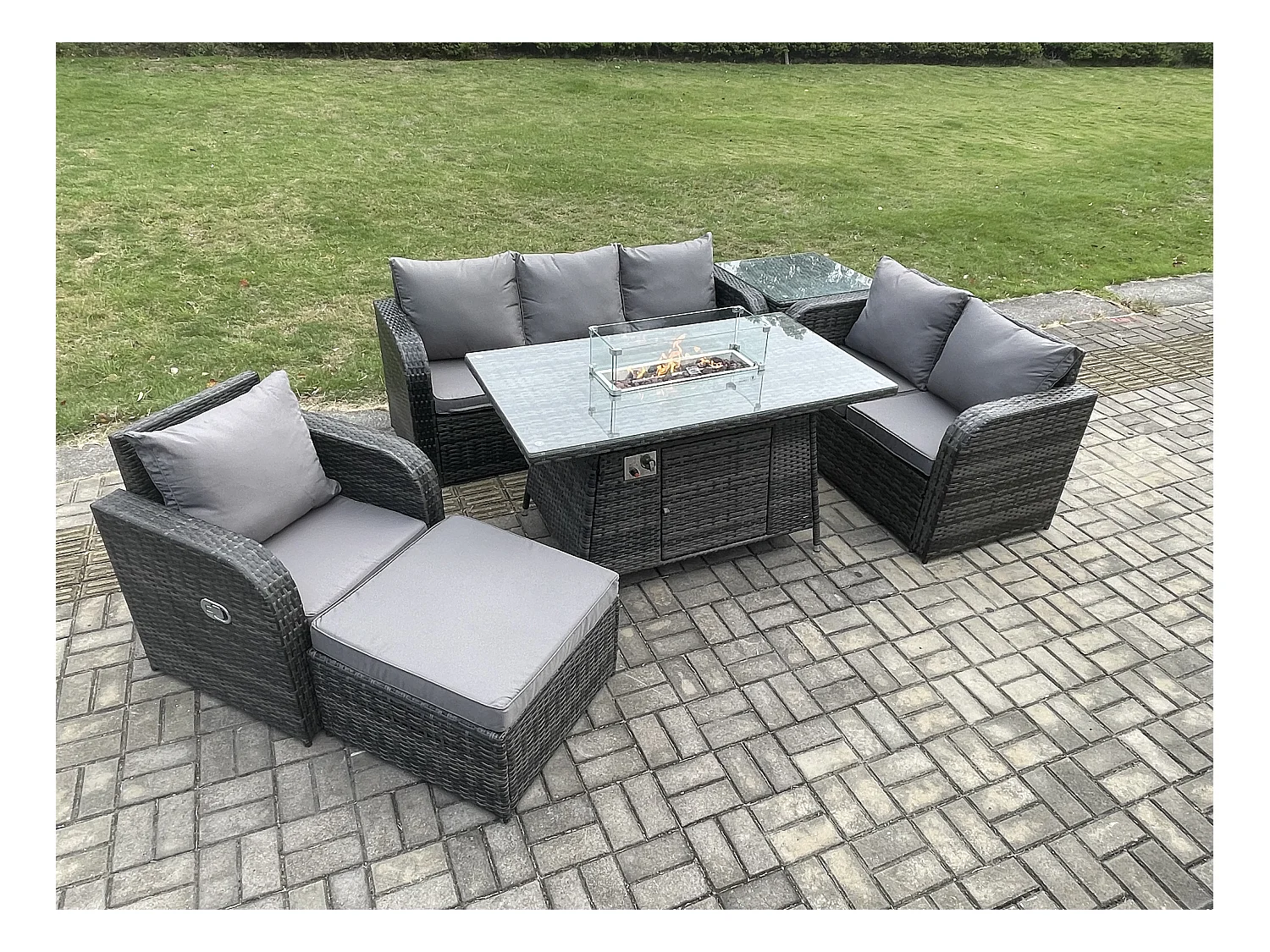 Polyrattan Gartenmöbel Set Garten Sofa im Freien Gasfeuerstelle Esstisch und Sofa Sessel set mit Beistelltisch 2 Großer Hockern