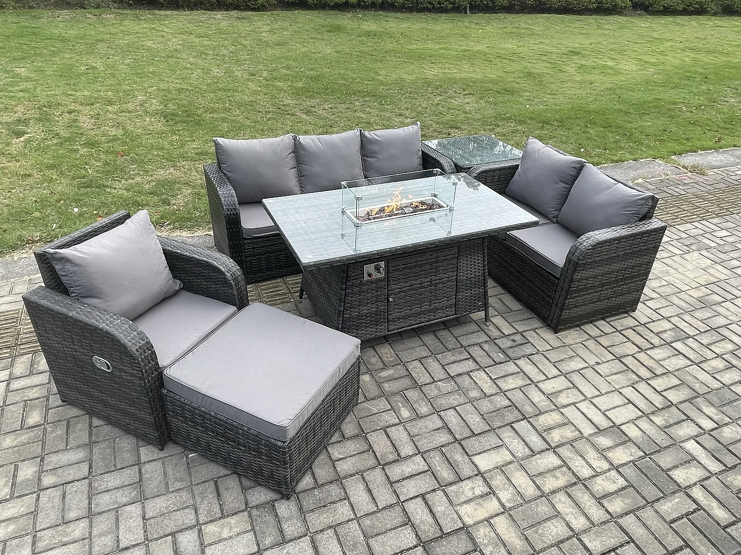 Polyrattan Gartenmöbel Set Garten Sofa im Freien Gasfeuerstelle Esstisch und Sofa Sessel set mit Beistelltisch 2 Großer Hockern