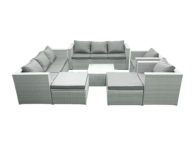 Rattan Sofa Gartenmöbel Set mit 2 Sesseln Quadratischer Couchtisch 2 hohen Hockern Hellgrau gemischt