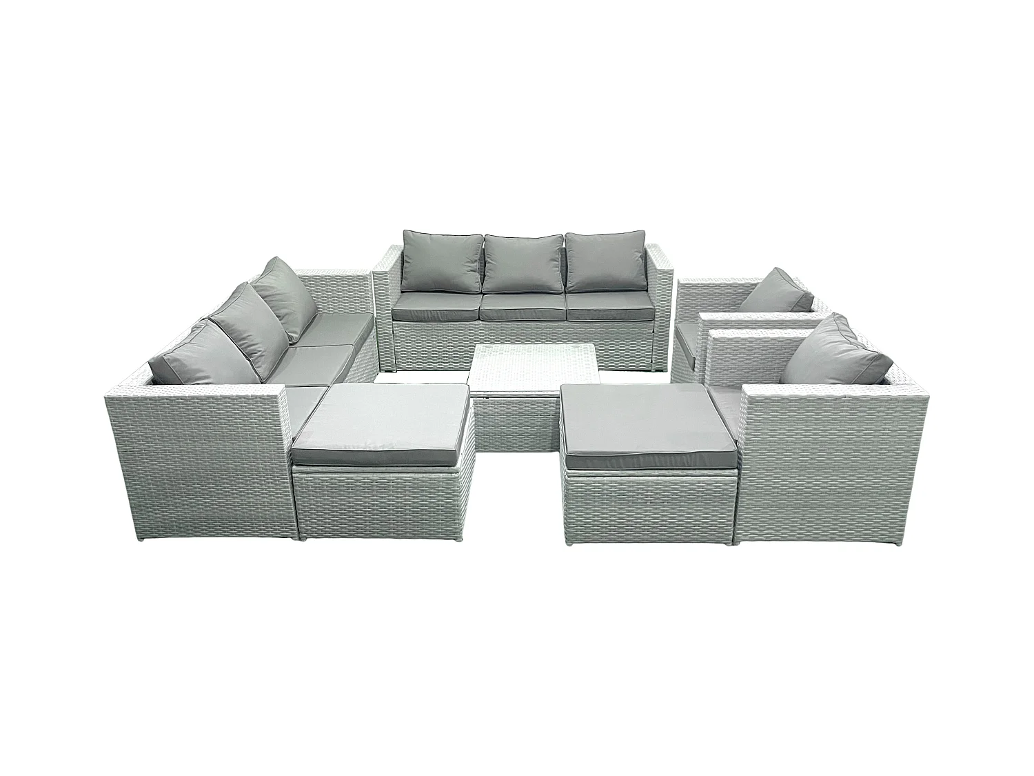 Rattan Sofa Gartenmöbel Set mit 2 Sesseln Quadratischer Couchtisch 2 hohen Hockern Hellgrau gemischt