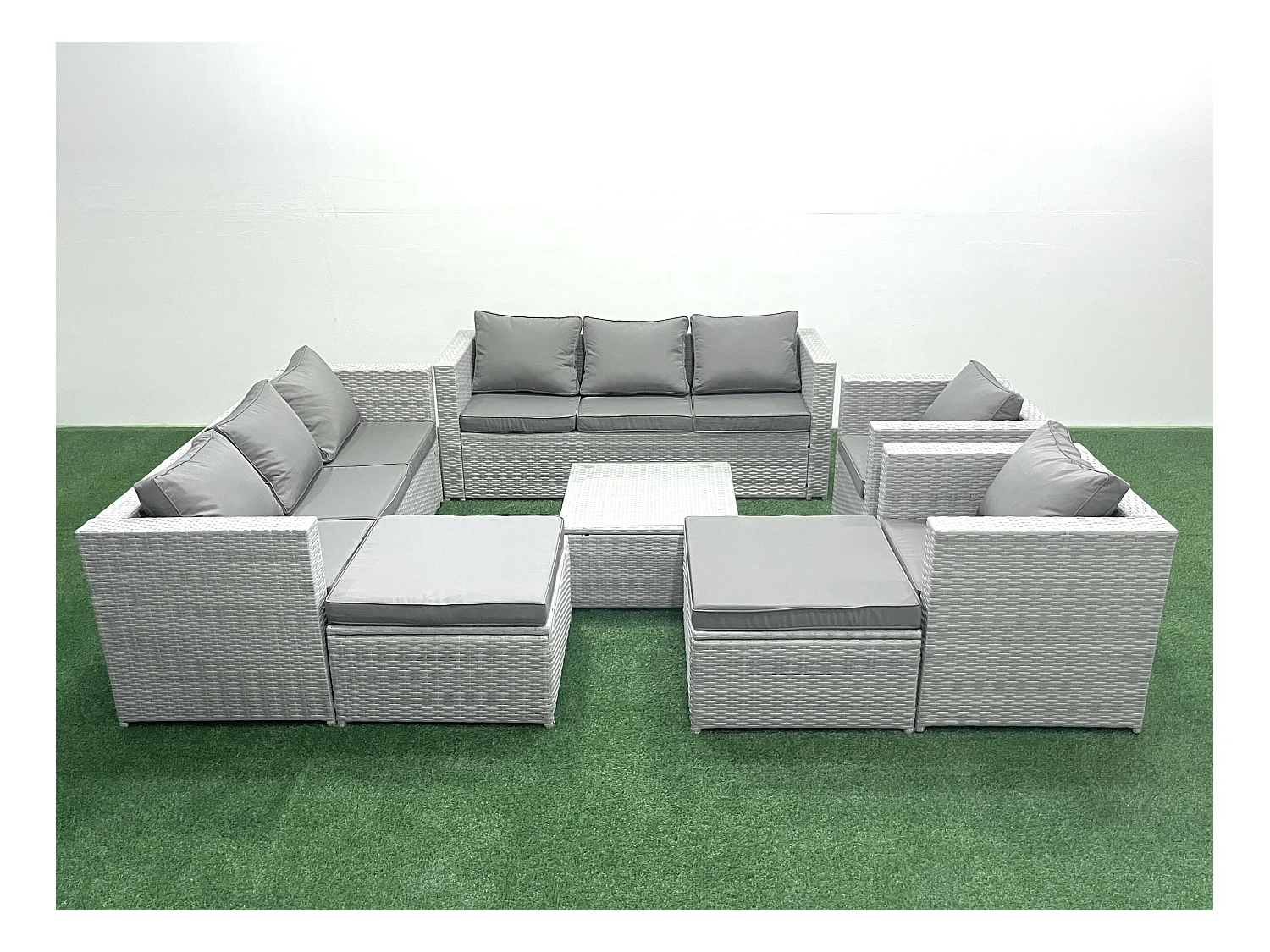 Rattan Sofa Gartenmöbel Set mit 2 Sesseln Quadratischer Couchtisch 2 hohen Hockern Hellgrau gemischt