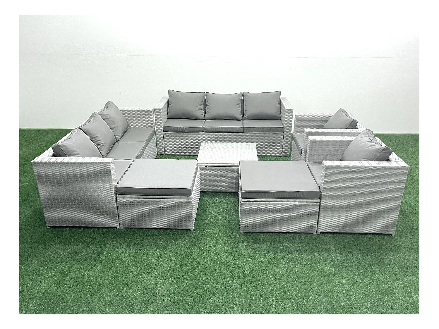 Rattan Sofa Gartenmöbel Set mit 2 Sesseln Quadratischer Couchtisch 2 hohen Hockern Hellgrau gemischt