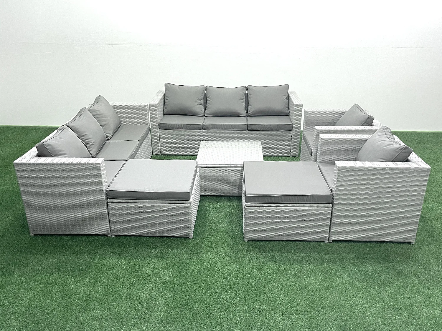 Salon de Jardin en rotin avec 2 Fauteuil Table basse carrée 2 Grand tabourets Gris clair mixte