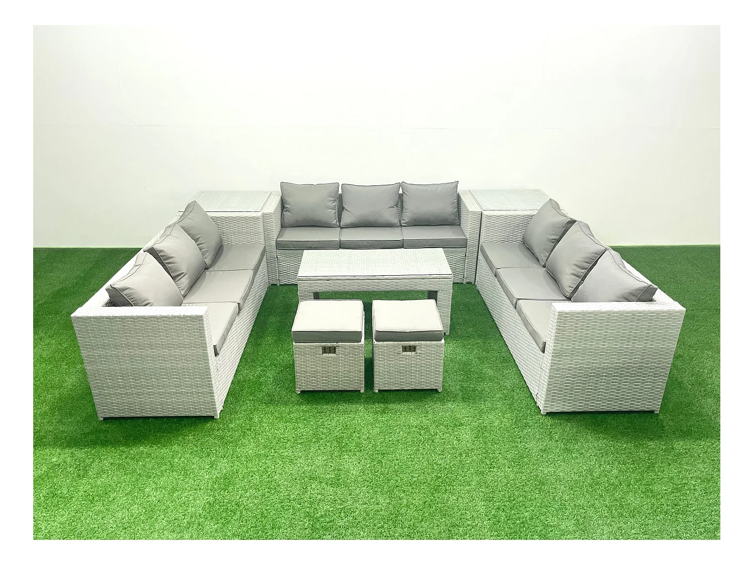 Ensemble de meubles d'extérieur en rotin 11 places avec Table basse oblongue 2 Petits tabourets 2 Tables d'appoint Gris clair mixte