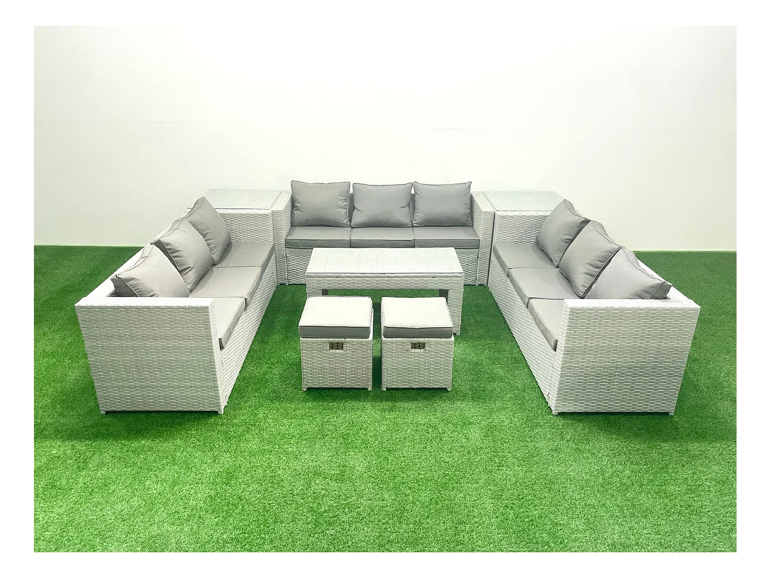 Ensemble de meubles d'extérieur en rotin 11 places avec Table basse oblongue 2 Petits tabourets 2 Tables d'appoint Gris clair mixte