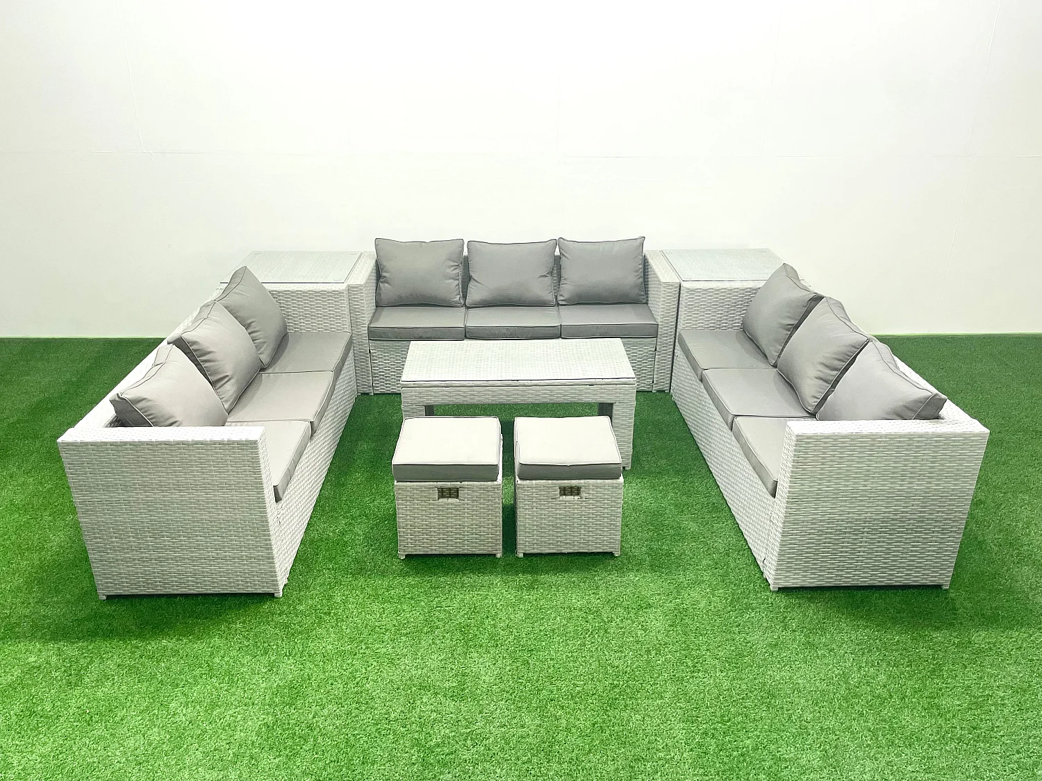 Ensemble de meubles d'extérieur en rotin 11 places avec Table basse oblongue 2 Petits tabourets 2 Tables d'appoint Gris clair mixte