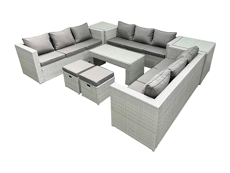 Ensemble de meubles d'extérieur en rotin 11 places avec Table basse oblongue 2 Petits tabourets 2 Tables d'appoint Gris clair mixte