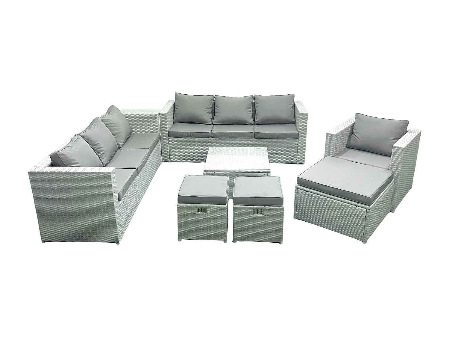 Meubles d'extérieur en rotin avec Fauteuil Table basse carrée 3 Tabourets Gris clair mixte