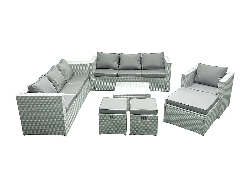 Meubles d'extérieur en rotin avec Fauteuil Table basse carrée 3 Tabourets Gris clair mixte