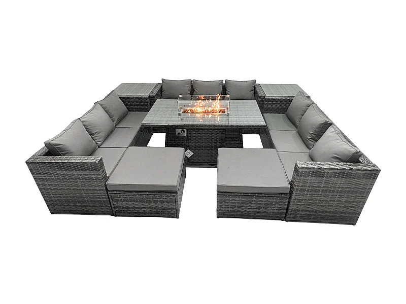 Ensemble de meubles de jardin en rotin ave Table de foyer à gaz 10 places Patio avec 2 Tables d'appoint